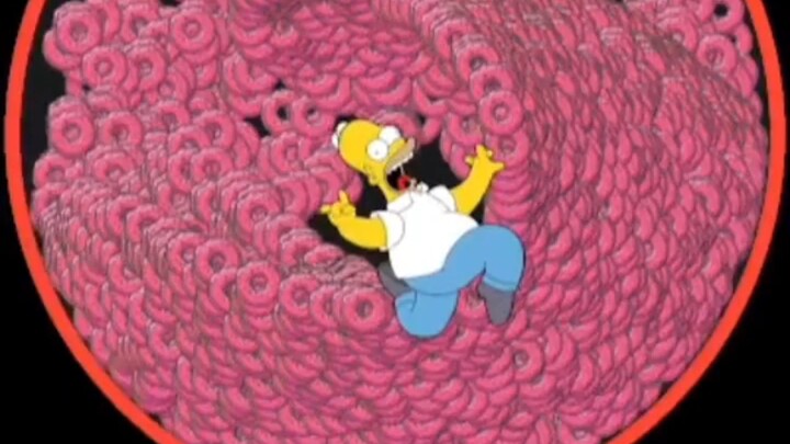 The little ball bounces and splits, but Homer eats a donut.