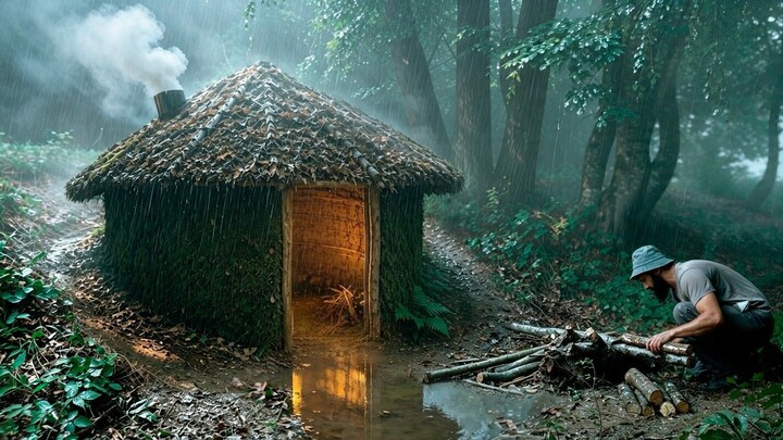 Building a Survival Cabin with a Giant Clay Fireplace┃Bushcraft Shelter
