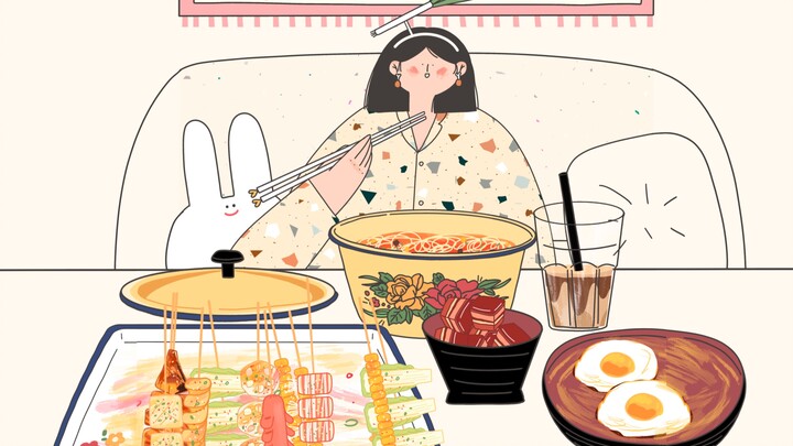 [Eating Show Animation] - After Overtime | Immersive Ramen and BBQ Alone～