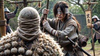 The samurai underestimate a homeless blind woman, unaware she's a deadly, skilled warrior