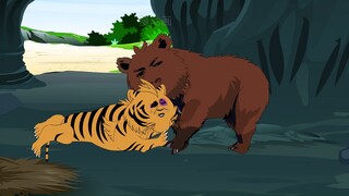 母鹿给孩子喂奶，一只大老虎却从洞外走了进来