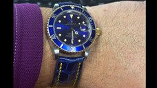 Custom Handmade Genuine Blue Alligator Watch Strap for a two-tone Rolex Submarin