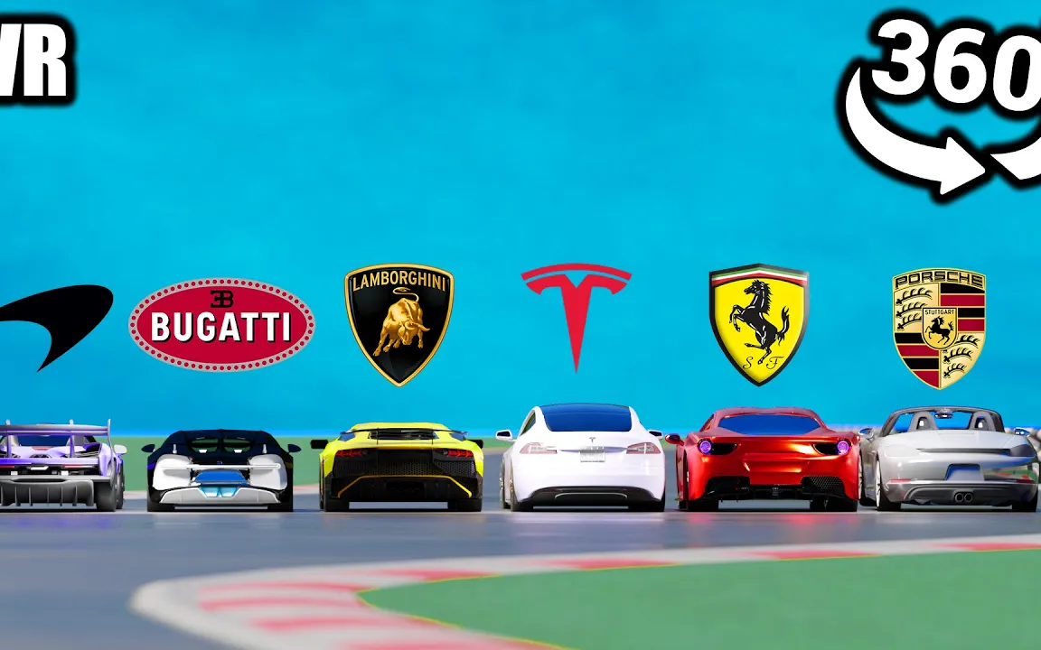 วิดีโอ VR 360° Tesla vs Lamborghini vs Porsche vs Bugatti vs Ferrari vs  McLaren - Bilibili