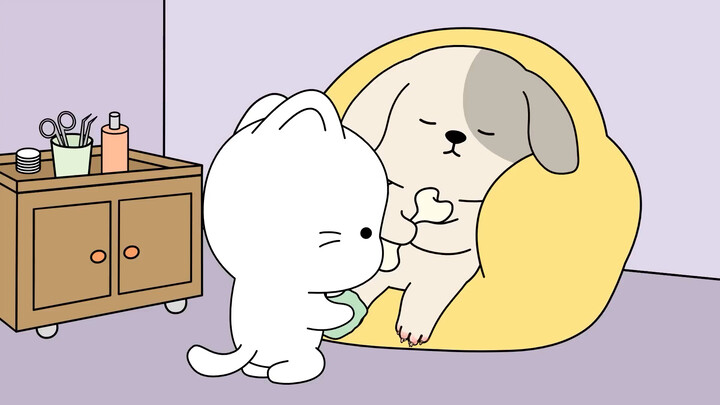 The kitten is doing a toe-tip treatment for the bread dog｜ASMR animation