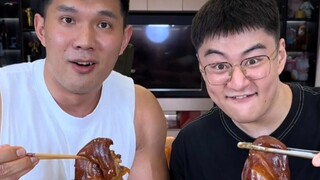 Kaki babi tanpa tulang, daging babi bumbu merah, paha sapi tomat, kacang panjang berbuih, nasi campu