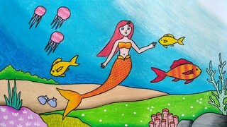 Cara menggambar mermaid || Menggambar putri duyung di laut