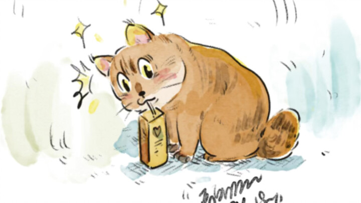 The kitten was surprised by the ice tea for the first time. It was so cute.