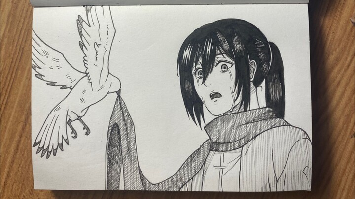 "Aku sangat ingin bertemu denganmu lagi, Eren" yang digambar tangan oleh Mikasa Ackerman