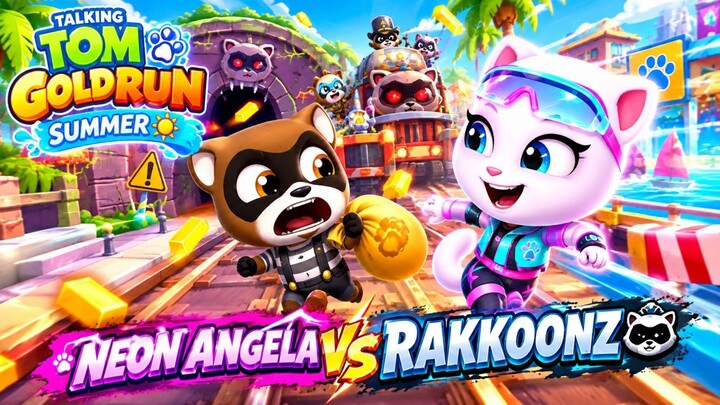 Talking Tom Gold Run Summer - Railway Ride! 🌟 Neon Angela VS Rakkoonz 🎮