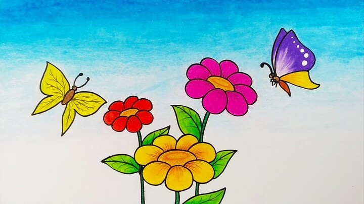 Cara menggambar bunga dan kupu kupu || Belajar menggambar bunga yang mudah