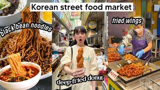 Mukbang at Korean Street Food Market: black bean noodles, fried wings, deep-fried donut | Q2HAN