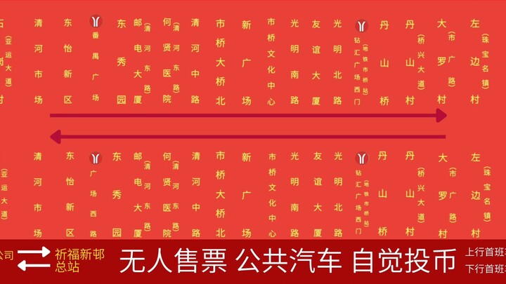 中国广州公交番禺公共汽车红版导向图巴士集团（二汽/AI旺仔小乔英文）报站 番禺1路（2026.06.09站铁） 区公汽至祈福 双向