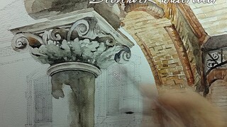 Time-lapse of architectural ornament painting with watercolor. Corinthian columns