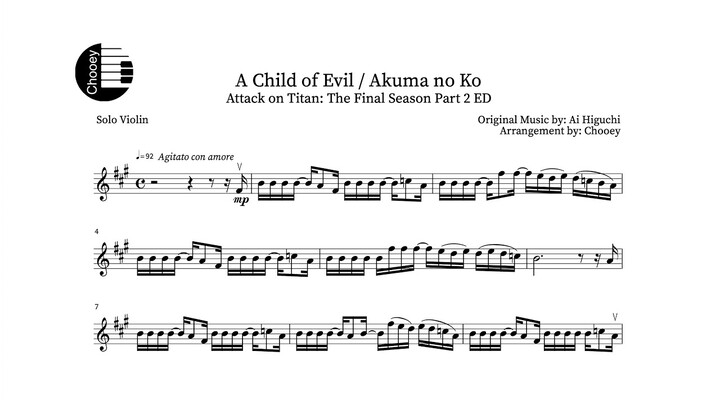 "A Child of Evil / Akuma no Ko" - Attack on Titan: The Final Season Part 2 ED (Violin Sheet Music)