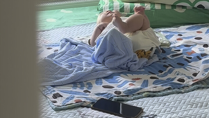 He was playing so nicely by himself after waking up, but as soon as he heard my voice, he burst into