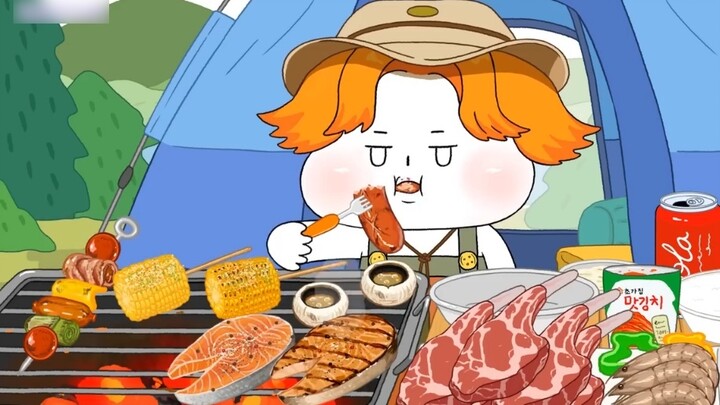 [Foomuk Animation] Camping Mukbang! Grilled salmon, grilled shrimp, grilled lamb