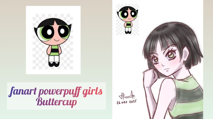menggambar cartoon Buttercup dari cartoon power puff girls