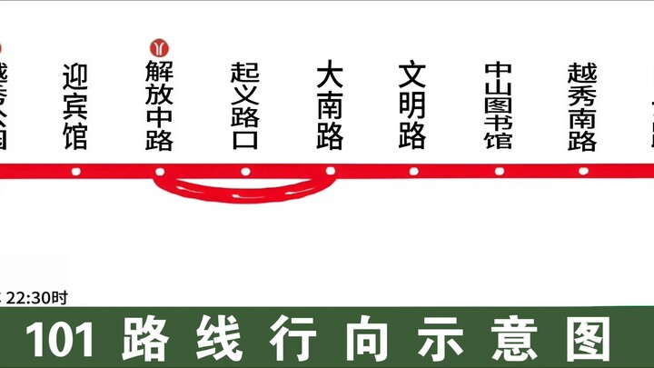 中国广州公交电车绿白导向图巴士集团2026.01倡导排队（爱国主义及残奥会）报站101路（2024.12底站名）海印桥至机场路双向