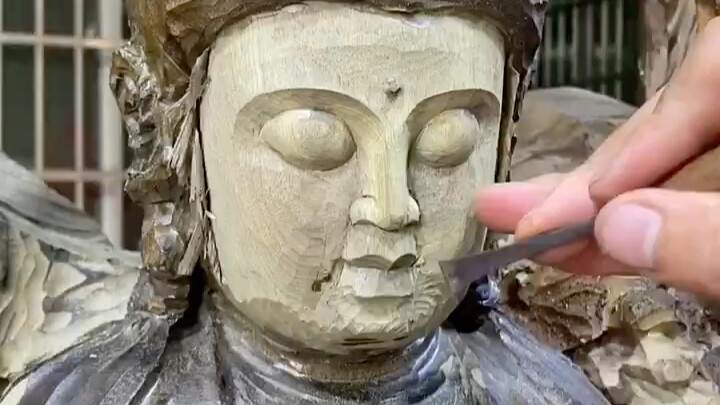 Wood Carving Figure Face-Opening | Folk Artisan | Golden Sichuan Cypress
