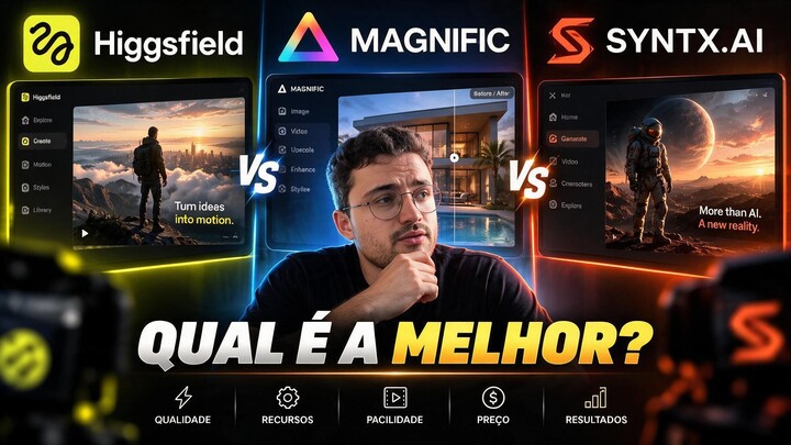 QUAL A MELHOR PLATAFORMA DE IA? HIGGSFIELD, MAGNIFIC OU SYNTX