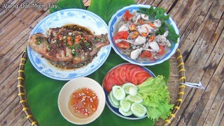 Canh chua ếch nấu chuối cây & Cá diêu hồng kho tương hột