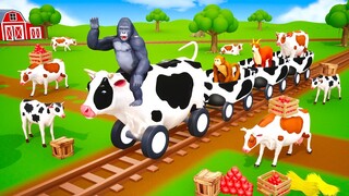 Gorilla Magical Cow Train - Farm Animals Cow Train Ride in Jungle | Funny Animals 3D Cartoons