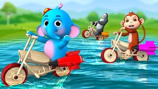 Elephant and Monkey Wooden Bike Boat Race Water Games | 3D Funny Animals Cartoons Comedy Videos
