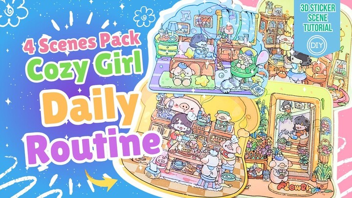 CUTE Cozy Girl Days | 4-Scene 3D Sticker Pack DIY