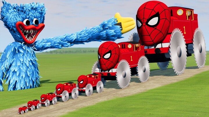 Big & Small Spider-Man the Tank Engine with Saw Wheels vs Huggy Wuggy | BeamNG.Drive