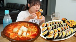 김밥에 청양마요 찍어 먹으면 더 맛있어요😋순두부 쫄면도 같이 먹방  Home-made Kimbap MUKBANG