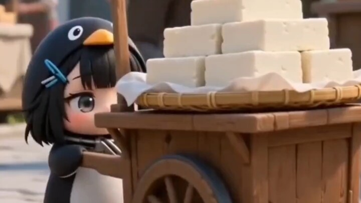 The cooing and clucking little penguin is selling tofu he made himself—come on down and buy some!