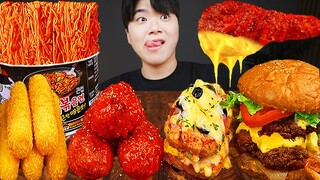 ASMR MUKBANG 직접 만든 치즈 햄버거 치즈스틱 불닭볶음면 양념 치킨먹방! & 레시피 FIRE NOODLES AND CHEESE BURGER EATING SOUND!