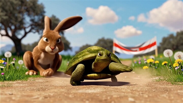 rabbit and turtle running and win  to turtle