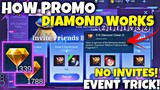 NEW EVENT TRICK - HOW PROMO DIAMOND WORKS | NO INVITE FRIENDS DIAMOND EVENT - NEW EVENT MLBB