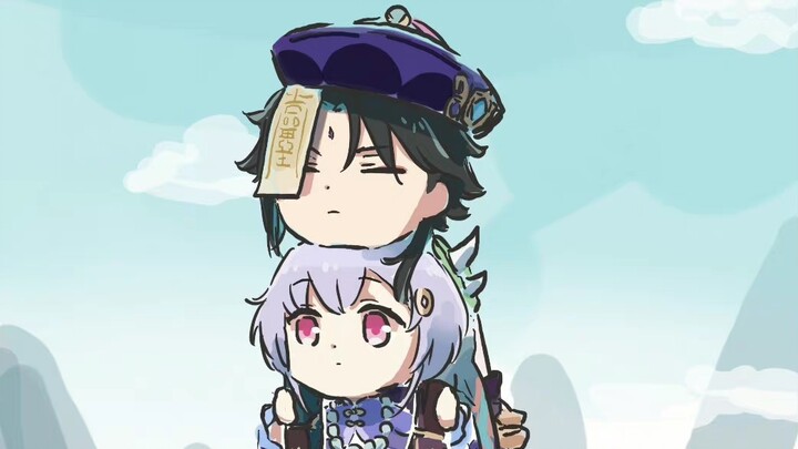 七七：“我把你背回来的”；申鹤：“捡个猫家人们，这也太好看了吧”。画师：心脏弱真君