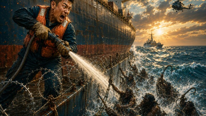 A pirate dinghy approaches the giant ship—what can the crew do?