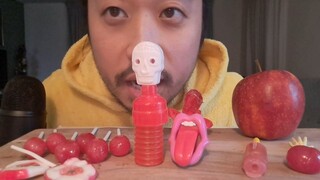 ASMR RED FOOD 12 LOLLIPOP & APPLE