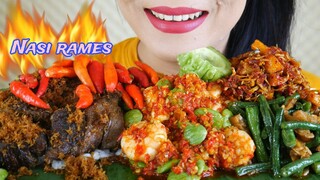 SEDAP NIKMATNYA NASI RAMES, LAUK DAGING SERUNDENG, UDANG BALADO PETE, TUMISAN | EATING SOUNDS