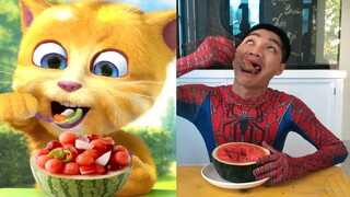 Người Nhện Xí Muội Bắt Chước Mèo Tom  Ăn Dưa Hấu 🐱❤️