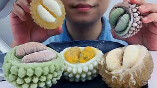 Makan 5 es durian berwarna-warni, dengarkan suara kunyah yang renyah.