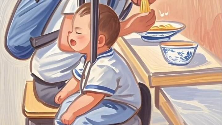 Trên nhà ga tàu cao tốc, người bố cúi đầu ăn mì, còn cậu con trai tựa vào vali ngủ say sưa; cách nuô