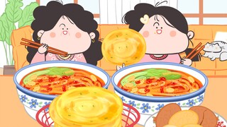 -Yanghuahua Animation mukbang |ฉันกับแม่ดื่มด่ำไปกับบะหมี่ผัดเปรี้ยวหวาน เค้กทอด และไข่ชา~