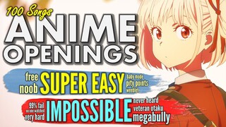 ANIME OPENINGS QUIZ: NOOB → OTAKU → IMPOSSIBLE Challenge! 【100 SONGS - Progressive Time Limit】