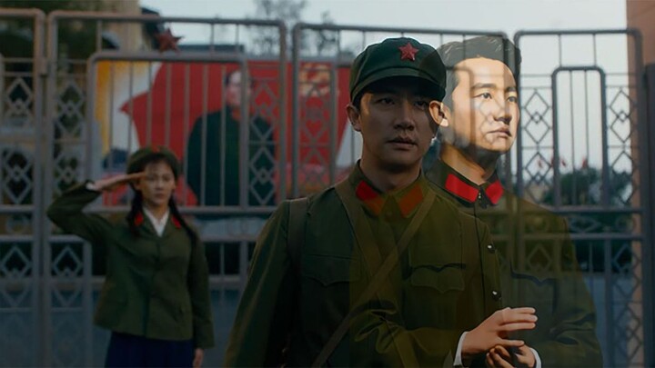 A gust of wind and thunder shakes the world, streets filled with red and green flags waving.