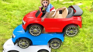 Monkey Baby Bon Bon doing shopping in toy car store and eat watermelon with puppy