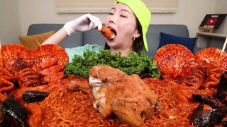 Whole Fried Chicken 🍗 Seafood Buldak Squid Korean Tteokbokki Mukbang & Recipe ASMR