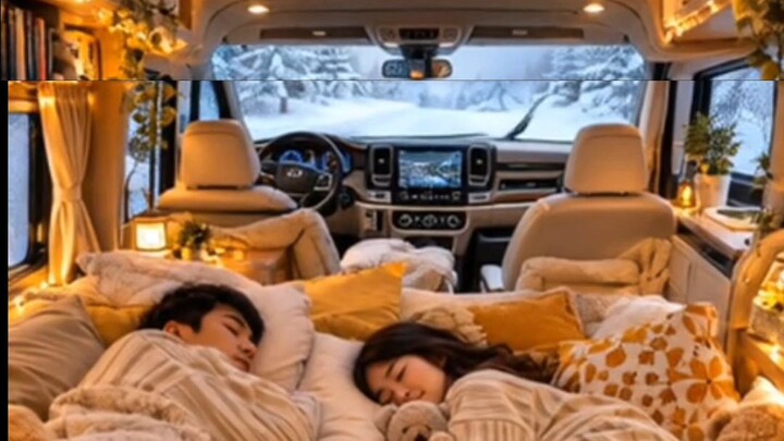 sleeping while snowing with a slow rain shower in a warm cozy van