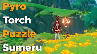 Pyro Torch Puzzle near Chatrakam Cave Sumeru Locked Chest on Bridge Genshin Impact