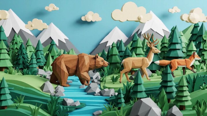 Wildlife animals walking through geometric forest landscape