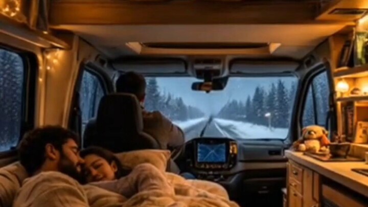 calm smooth night waters now fall, warming in the cozy cramp van